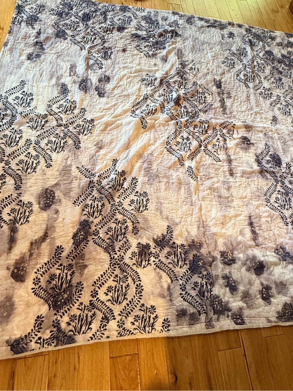 Anthropologie Cream and Navy Floral Quilted Cotton Throw